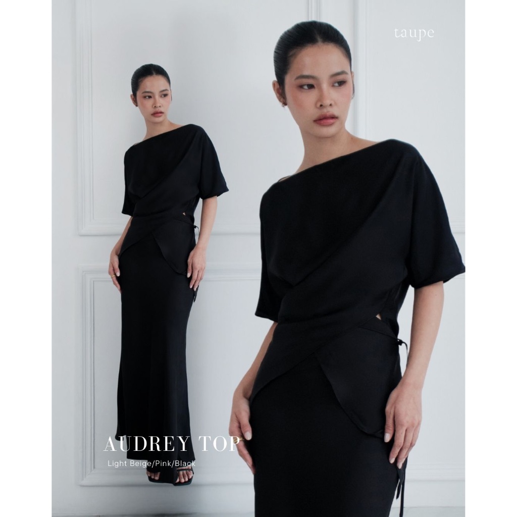 Taupe.brand - Audrey top เสื้อซาตินคอปาดผลิตจากผ้าพรีเมียม ดีไซน์ปลายโค้งเพิ่มความอ่อนช้อย มาพร้อมสายผูกที่สามารถปรับได้