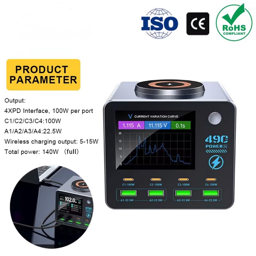 แท่นชาร์จอเนกประสงค์สำหรับหลายอุปกรณ์ 4C+4A+ชาร์จไร้สาย ชาร์จเร็ว 100W PD พร้อมหน้าจอ TFT ขนาด 2.8 นิ้ว