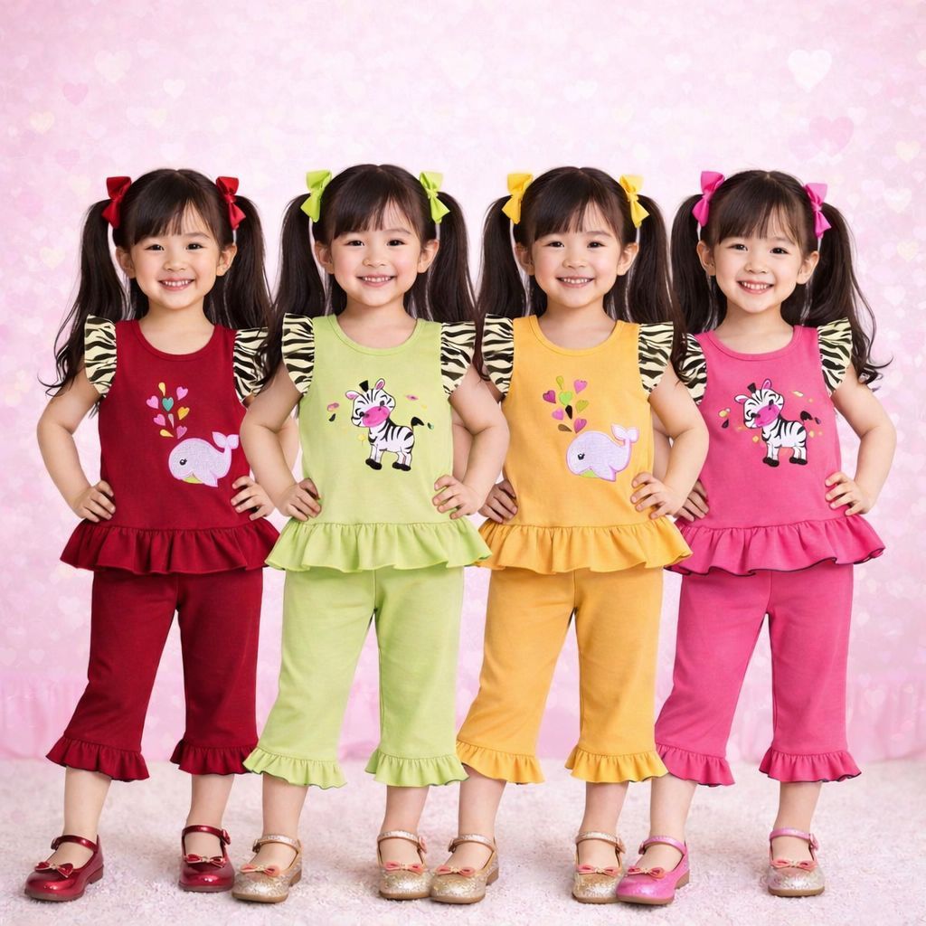 ชุดเซ็ตเสื้อแขนระบายม้าลาย + กางเกง 5 ส่วน แต่งระบายปลายขา งานไทยผ้านิ่มใส่สบาย ไซส์ 12m - 5y (7-20kg)