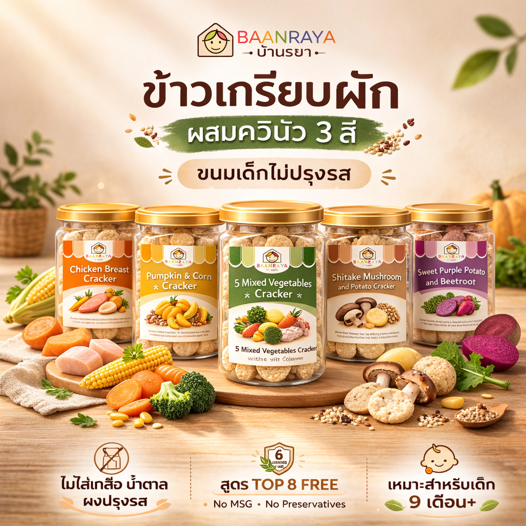 🔥*Promotion*🔥ข้าวเกรียบผัก ผสมควินัว 3 สี บ้านรยา | ขนมเด็กไม่ปรุงรส ไม่ใส่เกลือ น้ำตาล | Top 8 Free | 9m+