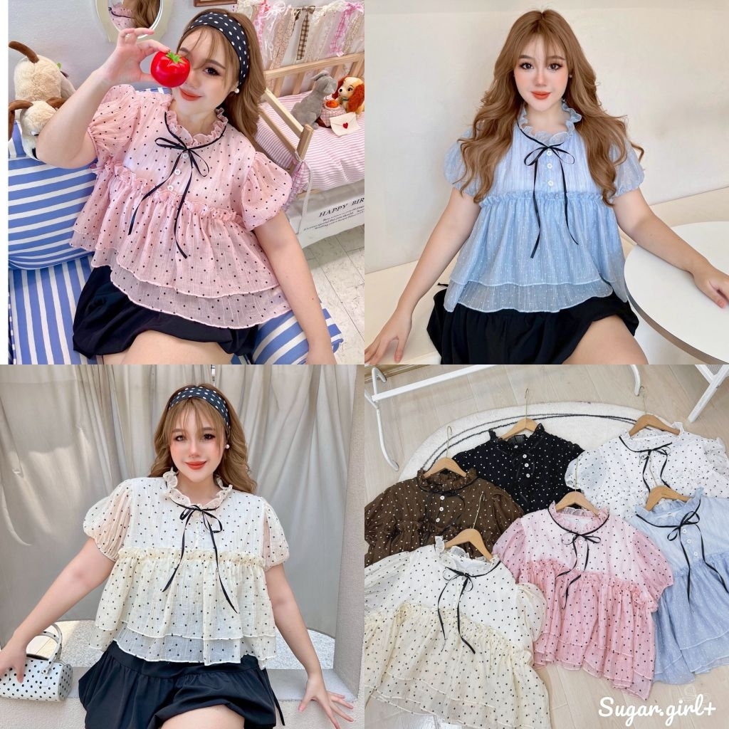 Rosy polkadot เสื้อพริ้วๆลายจุดน่ารักๆ แต่งคอระบายติดริบบิ้น