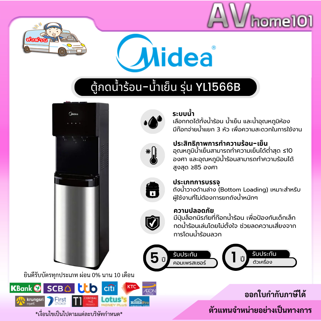 ตู้กดน้ำ Midea 3 อุณหภูมิ รุ่น YL1566B (ร้อน,เย็น,อุณหภูมิห้อง)