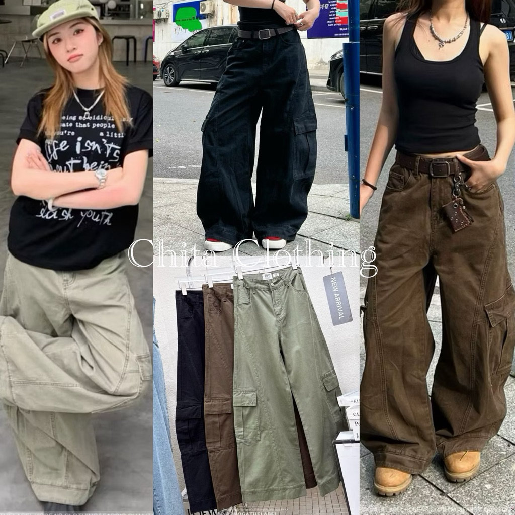 พร้อมส่ง น้ำตาล📍🇰🇷FSY🇰🇷5598 cargo jeans ยีนส์ทรงบอลลูนแต่งกระเป๋าข้าง ฮิตติดเทรนด์ตอนนี้มาก🔥 ผ้ายีนส