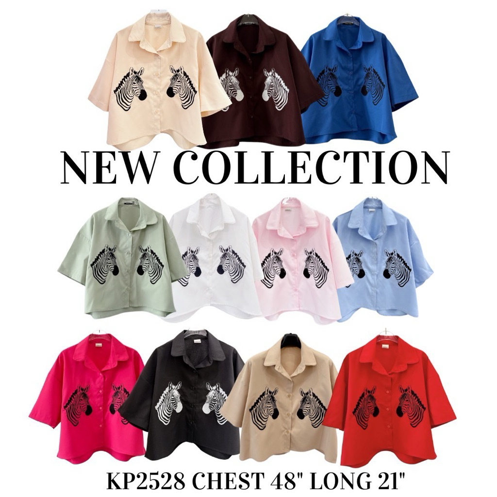 เสื้อเชิ้ตแขนสั้นสุดมินิมอล อกใหญ่ over size เพิ่มดีเทลน่ารักด้วยลายปักม้าลายคู่รัก