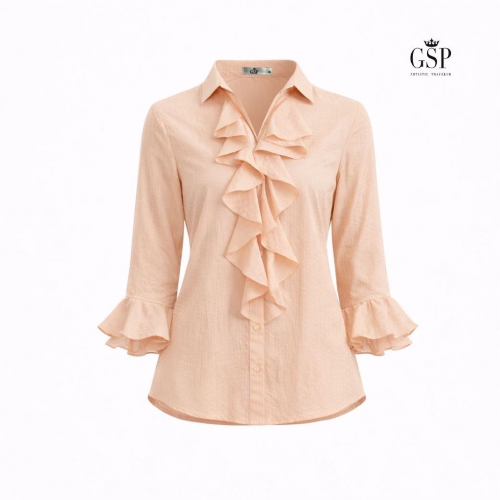 GSP แขนสั้น ,เสื้อเบลาส์ คอปก มีระบายคอและแขน สีส้ม SQ1POT