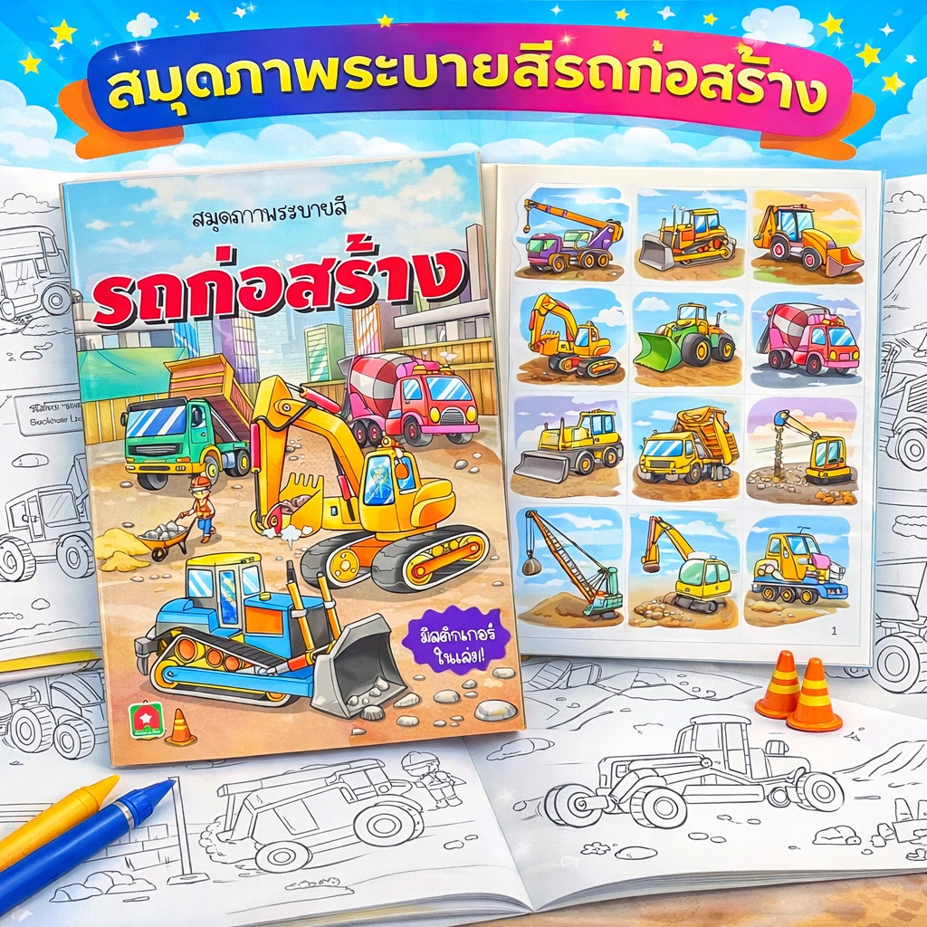 Aksara for kids หนังสือเด็ก สมุดภาพ ระบายสี พร้อม สติกเกอร์ รถก่อสร้าง
