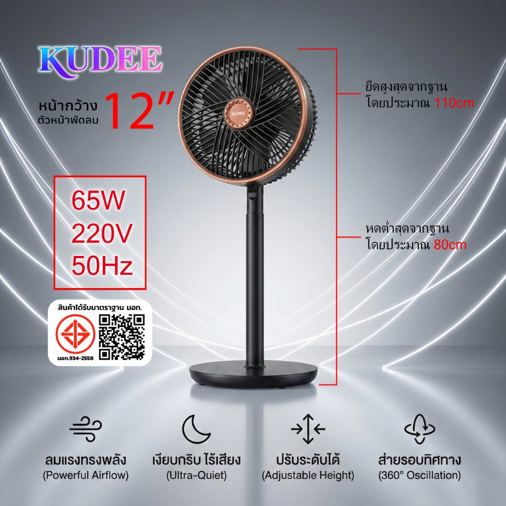 KUDEE พัดลมไฟฟ้าตั้งพื้น 12 นิ้ว 5 ใบพัด ลมแรง เสียงเบา ปรับลม 3 ระดับ รุ่น HL8026