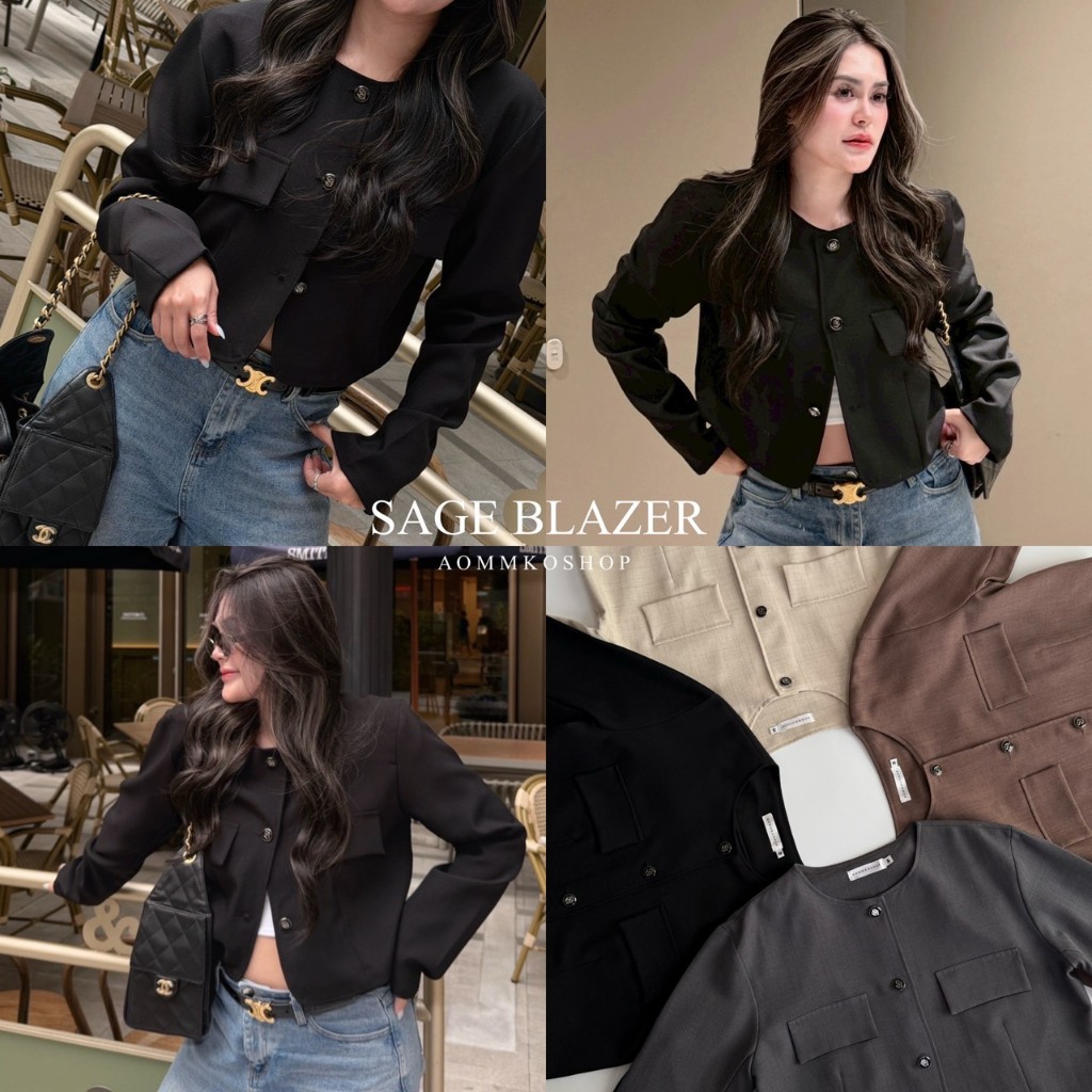 Sage blazer crop เสื้อครอปเบเซอร์แขนยาว เย็บแต่งซับใน (Size M,L) ผ้าสโนว์ยืดหยุ่นเล็กน้อยอยู่ทรงสวย  AOMMKOSHOP