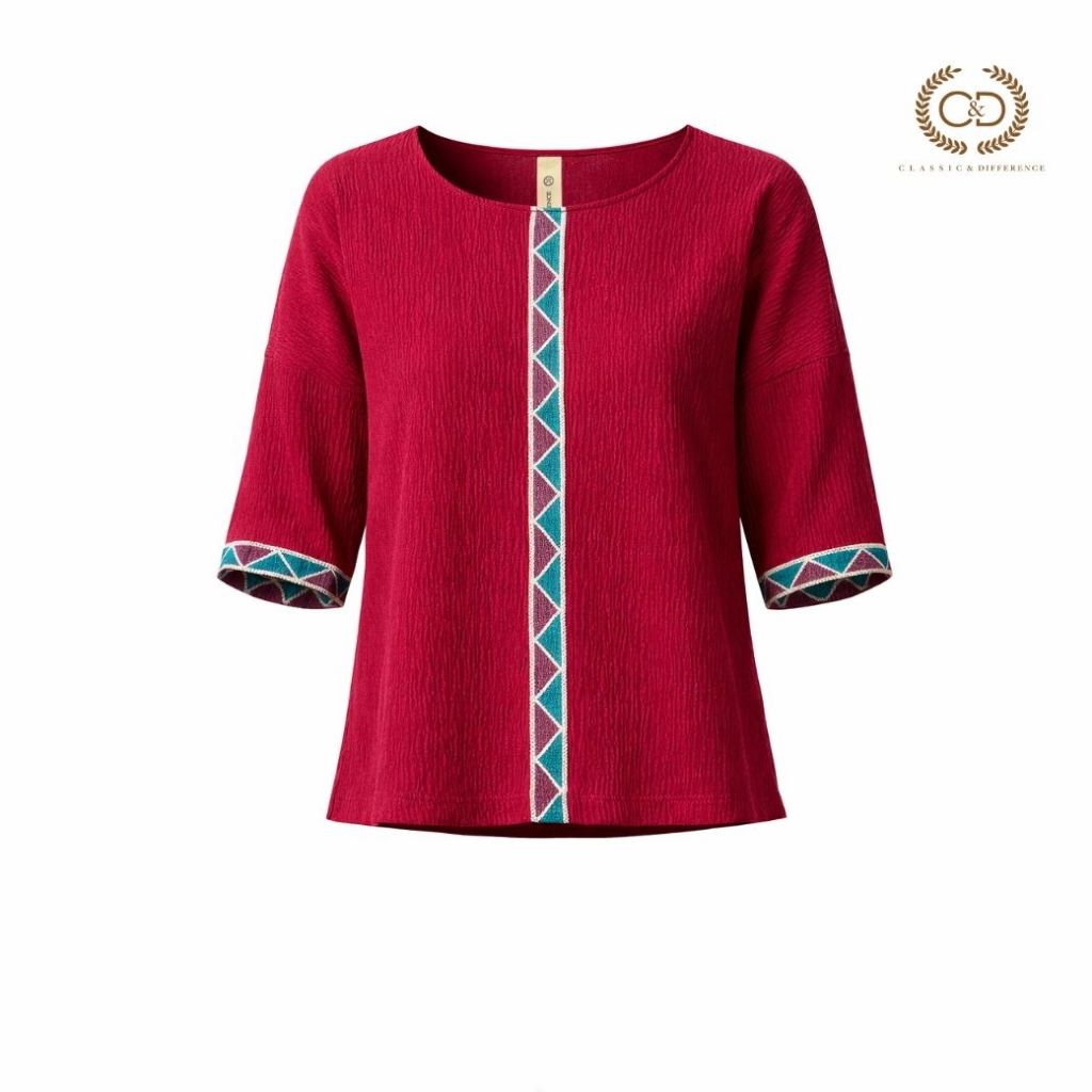 C&D เสื้อคอตตอน อัดพลีท สีแดง  CR3RDE