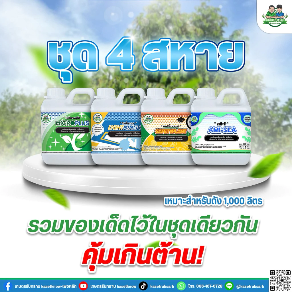 ชุดสี่สหาย สารเสริมประสิทธิภาพพืช เซฟตี้แพลนท์ ไมโครพลัส ไลนิ่งแคล อะมีซี ต้นสมบูรณ์ ลูกดก เกษตรรับทราบ