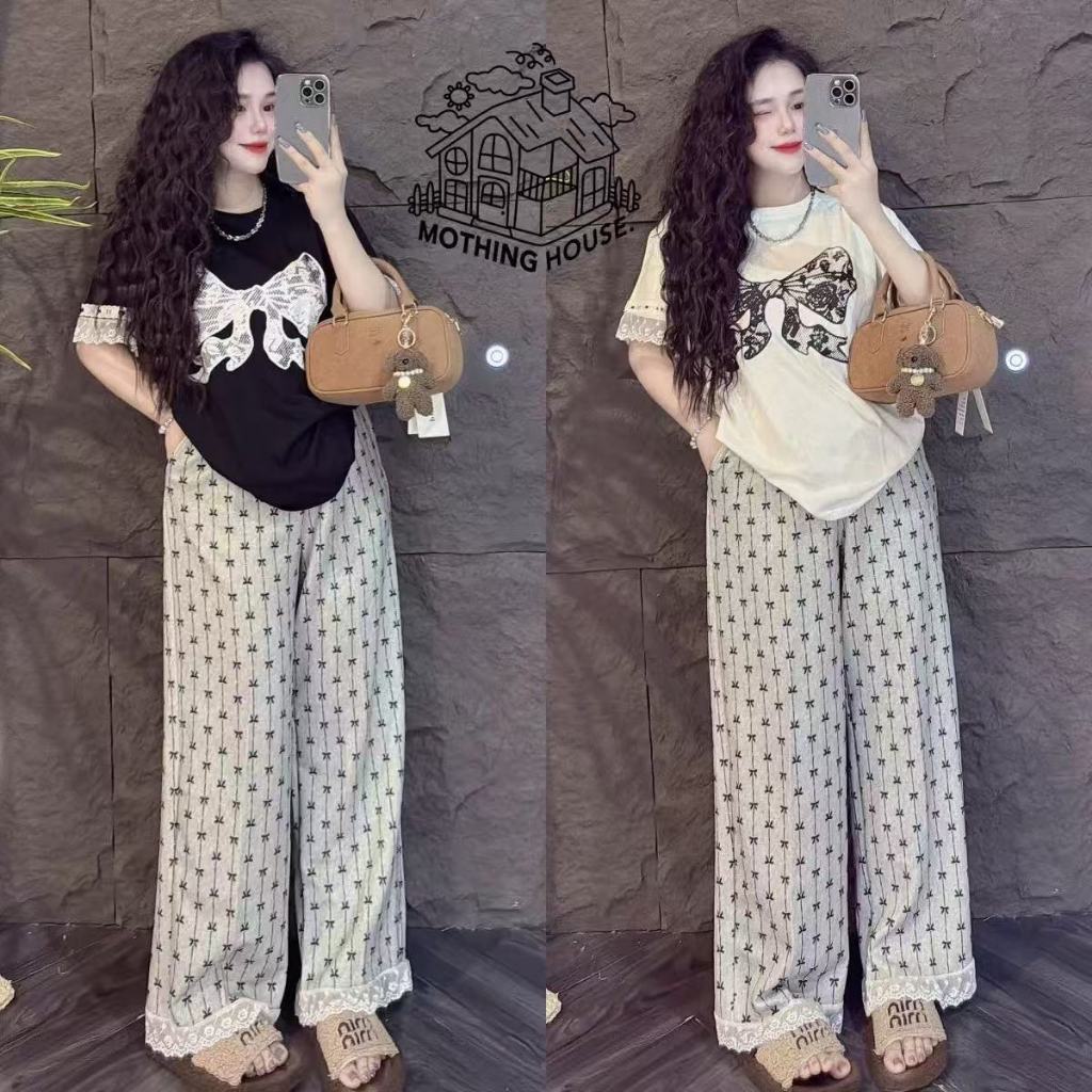 SGH0269 ชุดเซ็ตโบว์ลูกไม้หวานละมุน กางเกงขายาวเอวยางยืด เซ็ตเสื้อโบว์ลูกไม้ + กางเกงทรงหลวม