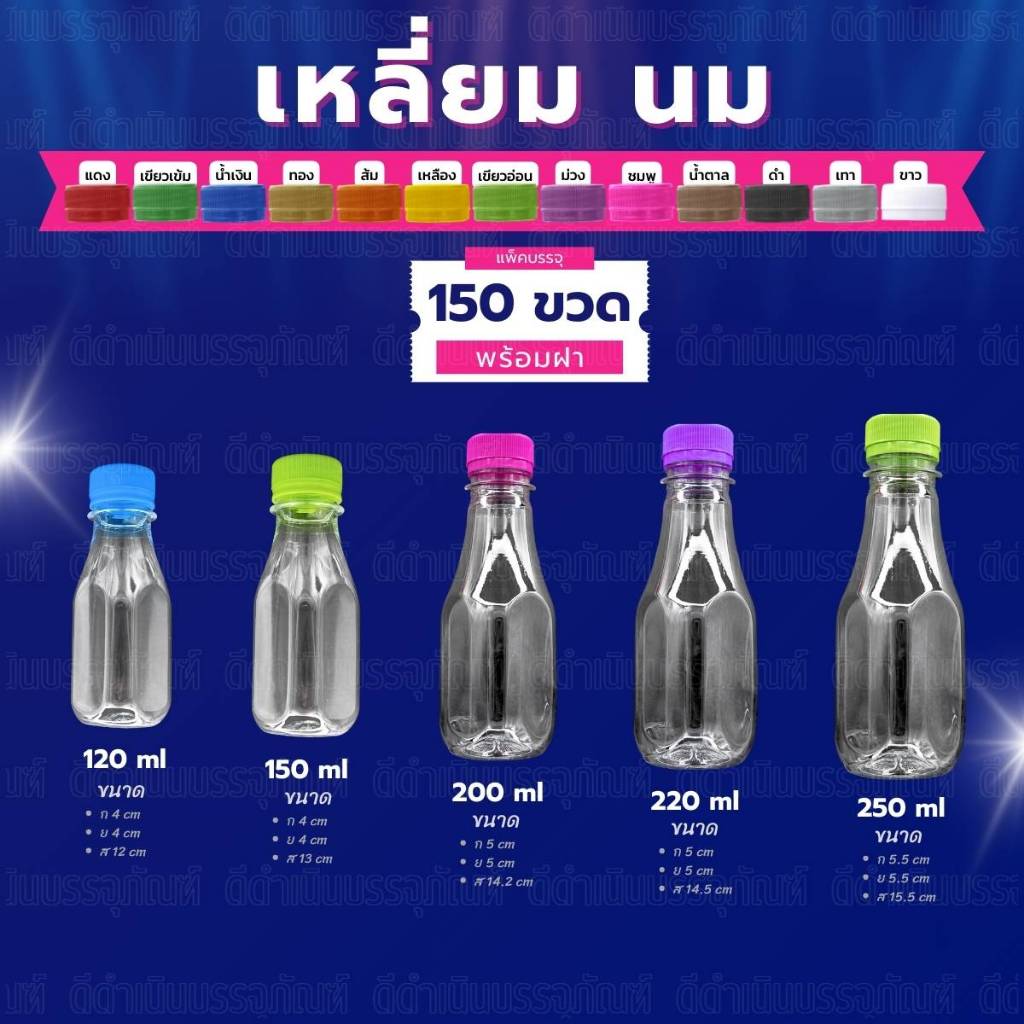 (150ขวด) ขวด PET ทรงเหลี่ยมนม กลมตัด พร้อมฝา