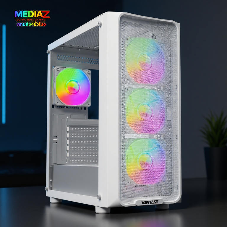 ส่งทันที เคส atx รับการ์ดจอ300มม. รับชุดน้ำ360มม. เย็น ขาวดำ MediaZ Case Venuz 2122G White 360mm