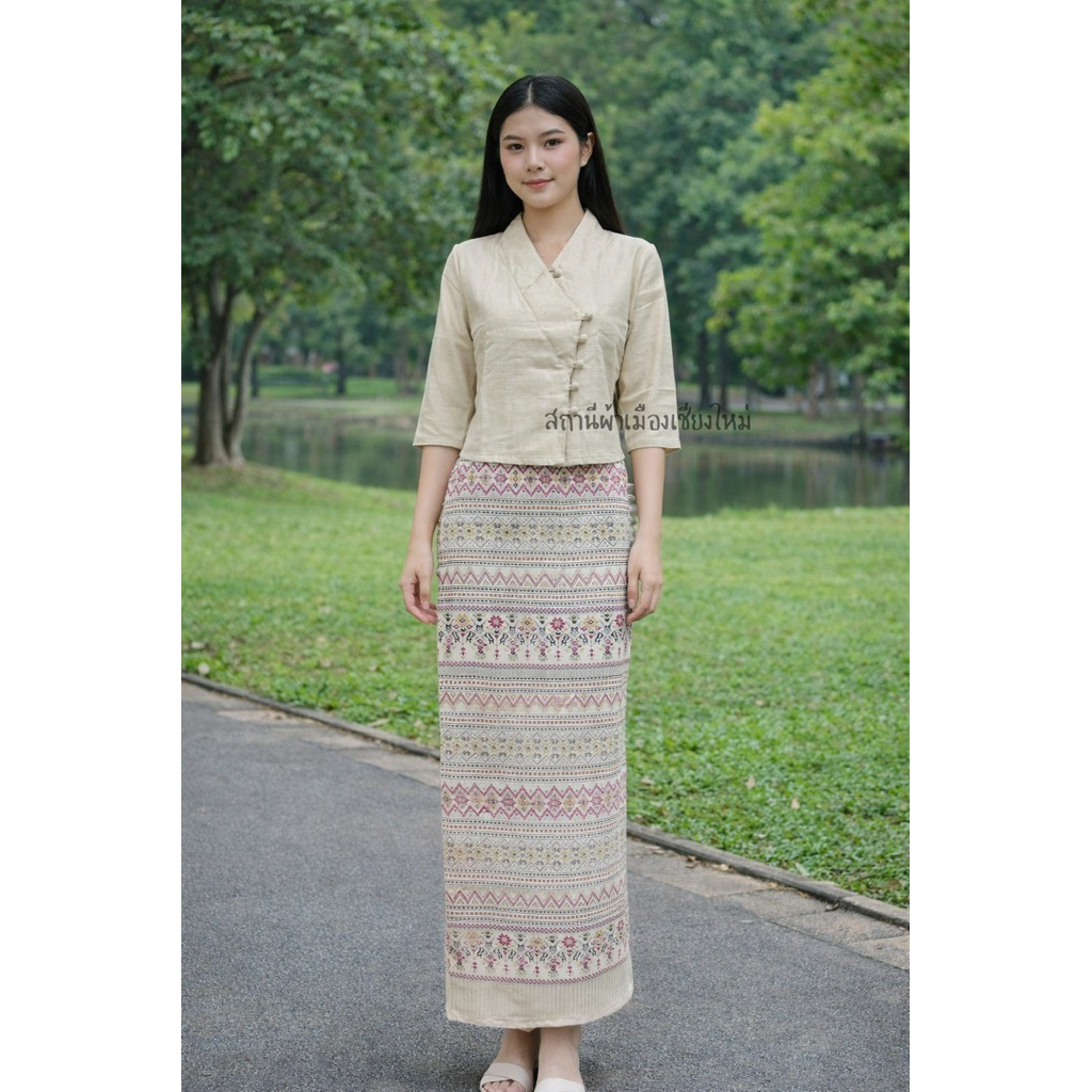 ชุดพื้นเมืองผ้าฝ้าย สีผ้าดิบ แขนสามส่วนไม่อัดกาว