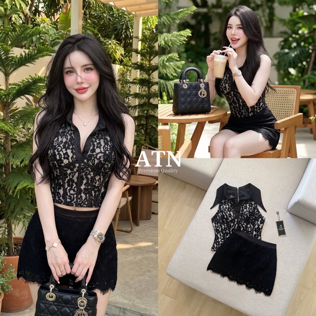 ATN set 2ชิ้นเสื้อผ้าลูกไม้ซับใน คอปก