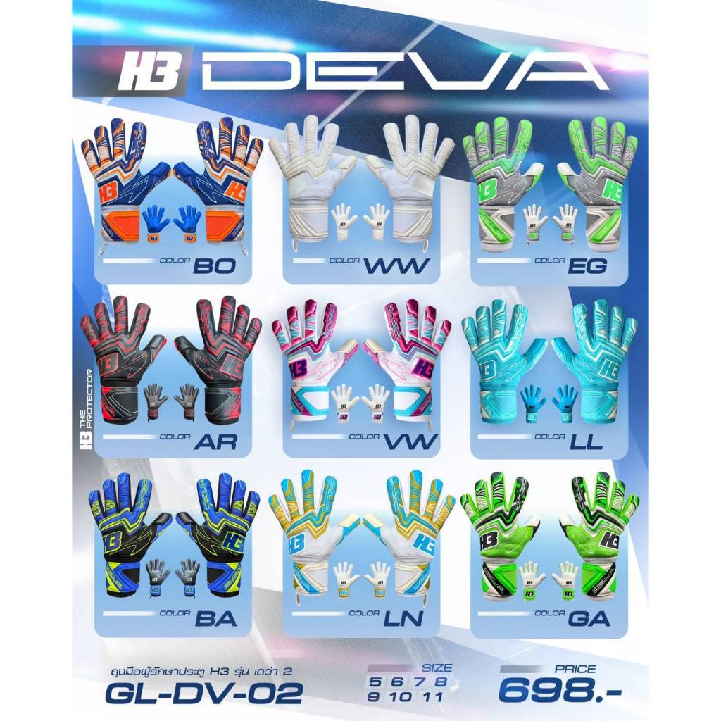 ถุงมือผู้รักษาประตู ถุงมือโกล H3 รุ่น DEVA2 มี finger safe 5 นิ้ว