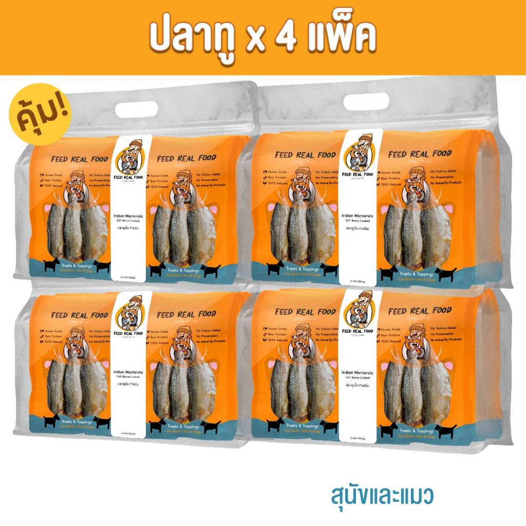 [สุดคุ้ม] อาหารหมา แมว ปลานึ่งก้างนิ่ม 4 แพ็คใหญ่ อาหารเปียกแมว สุนัข Feed Real Food