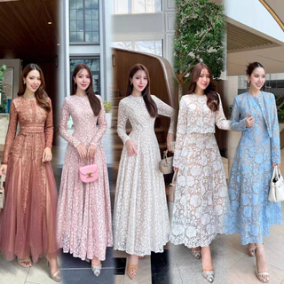 S-XXL ชุดเดรสลูกไม้แขนยาว สีขาว/ชมพู/ฟ้า/ดำ ใส่ออกงาน, ทำบุญ ไปงานแต่งงาน งานบวช #Alicia #Abigail