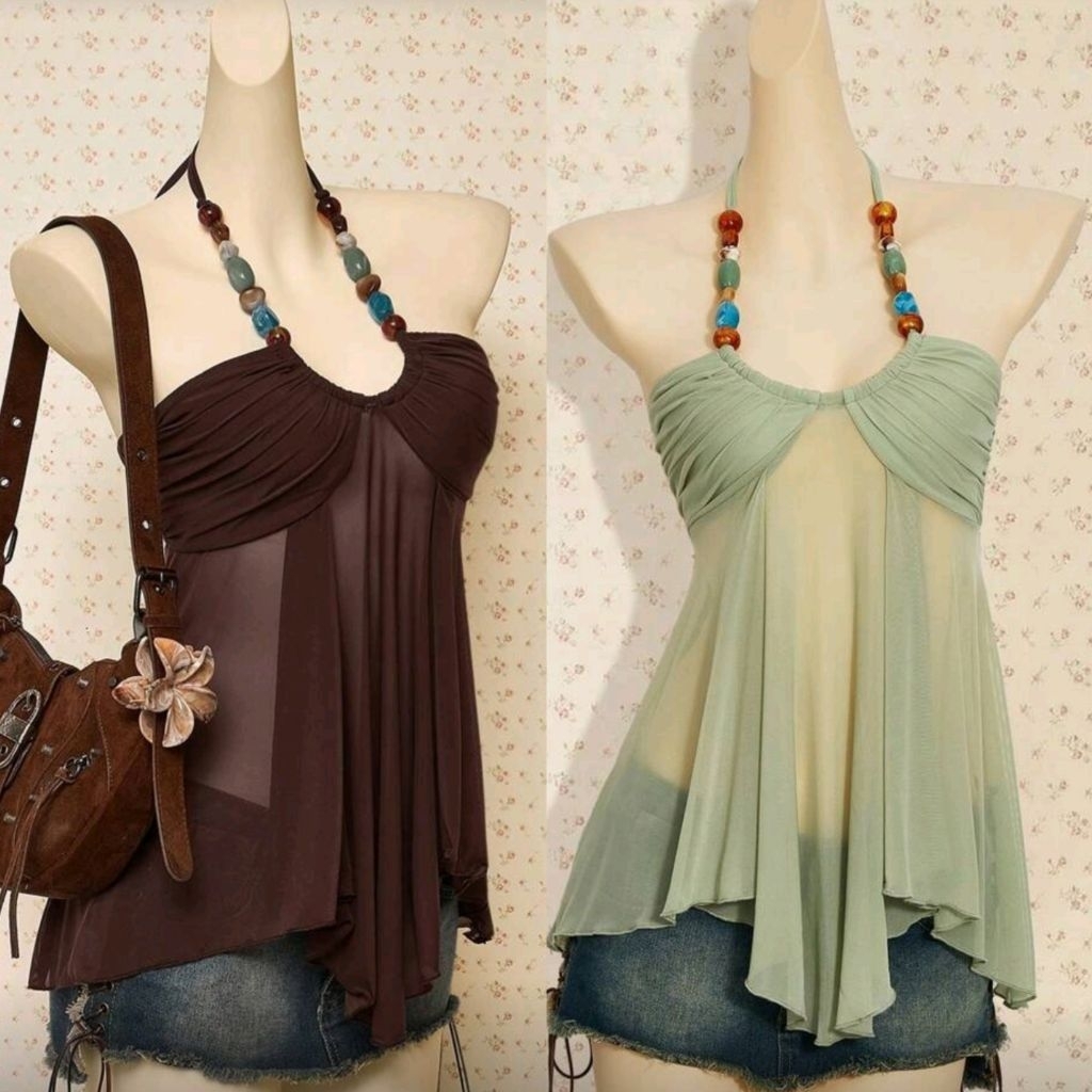 พร้อม​ส่ง​ 🍒🌈​ เสื้อ​คล้อง​คอ​ แต่ง​ซีทรู​​ สาย​แต่ง​ลูกปัด​ ผูก​ด้านหลัง​ สีน้ำตาล​ สีเขียวมิ้นท์​