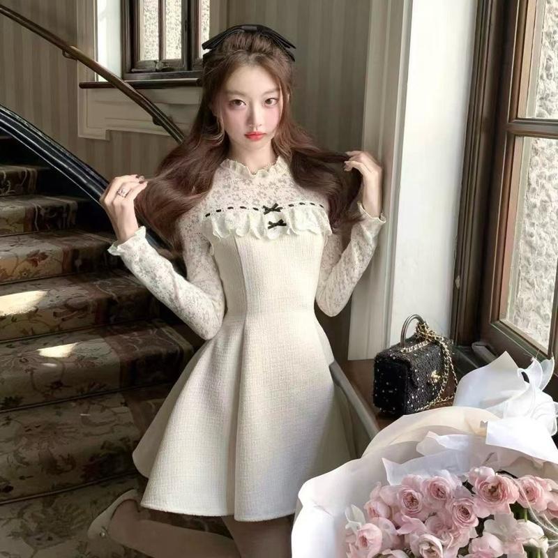 [NITTAYA] D2868 ชุดเดรสกระโปรงคอกลมแขนยาวลายดอกไม้ซีทรูอกระบายแต่งโบว์สวยหรูลุคคุณใส่ออกงาน ดินเนอร์