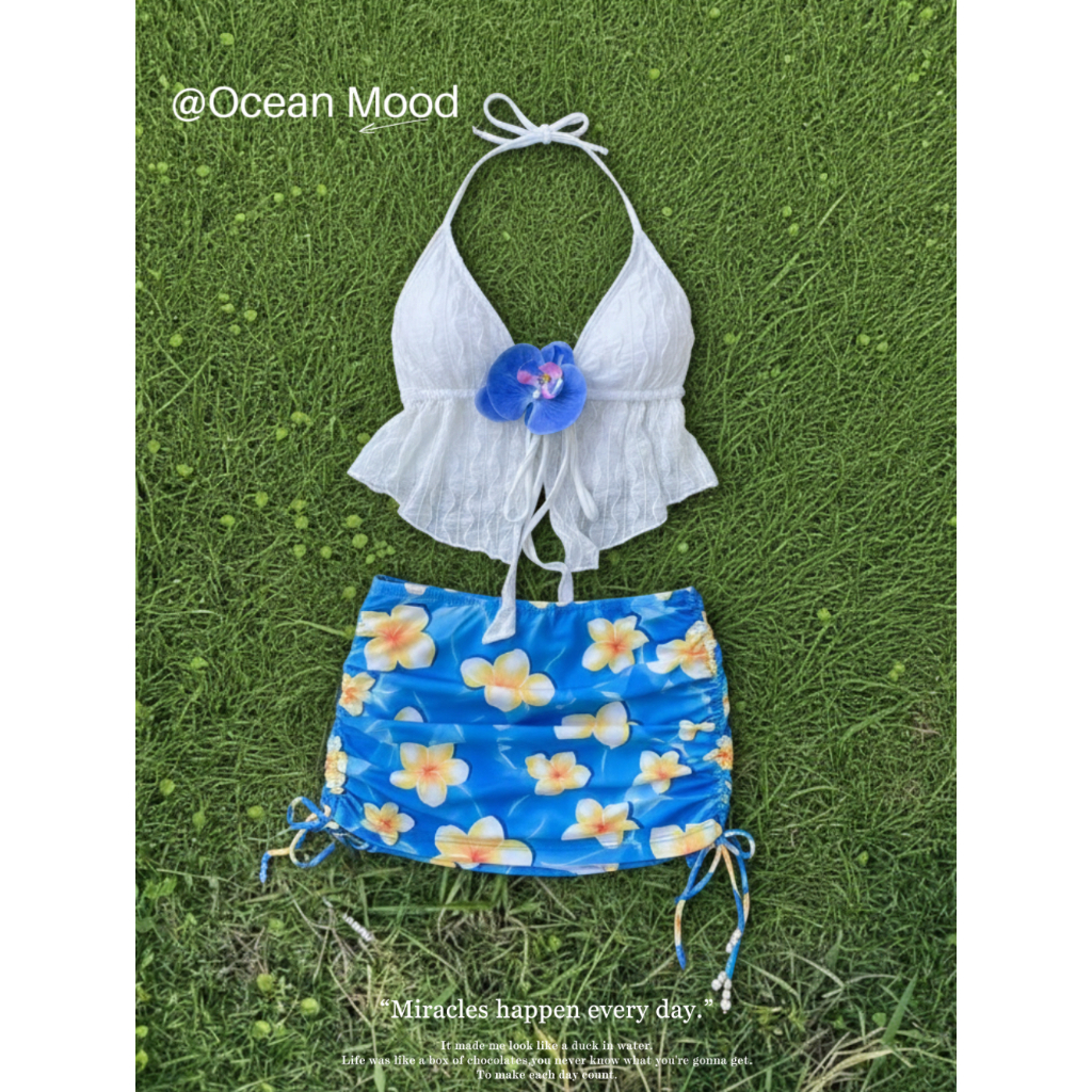 ชุดว่ายน้ำ 4 ชิ้น Bikini Set เชือกคล้องคอ ลูกไม้ กระโปรงซีทรู ใส่เที่ยวทะเล Beach Summer |Ocean Mood