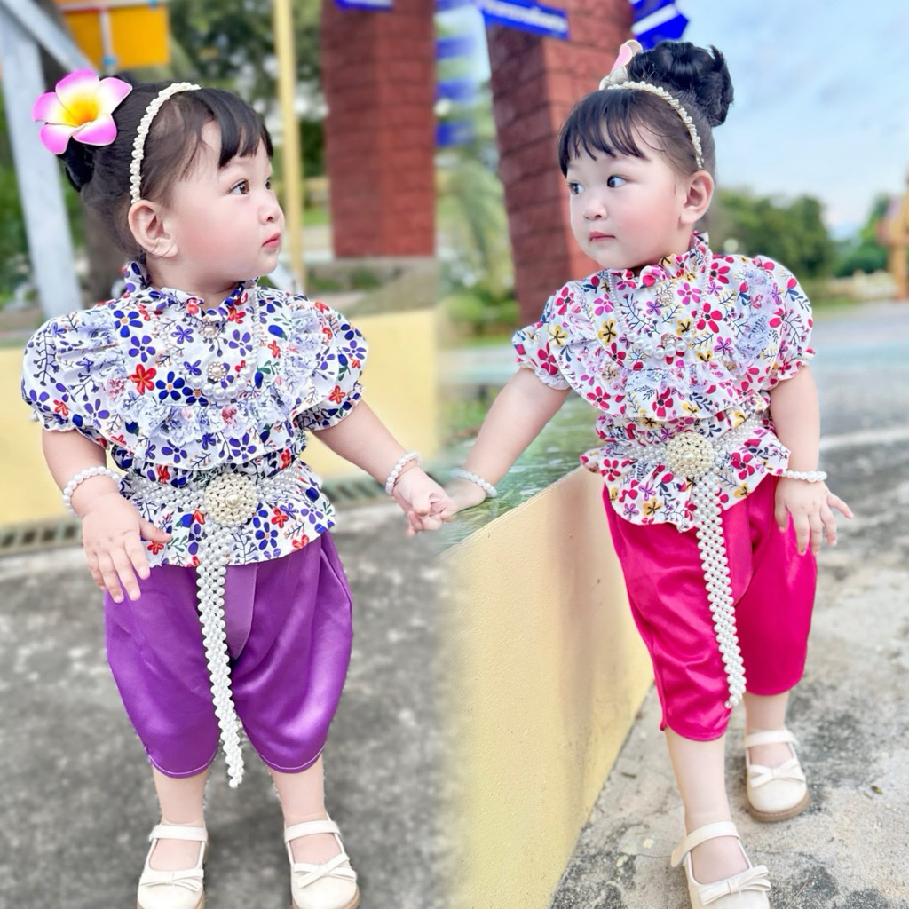 ชุดไทยเด็กผู้หญิงลายดอก ชุดสงกรานต์ มี 2 สี ม่วง ชมพู
