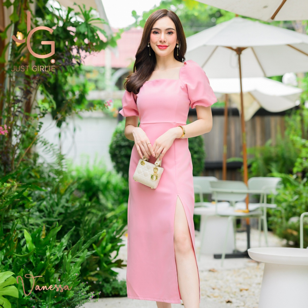 💚Dress Vanessa💚เดรสยาวสีพื้น ดีไซส์เกาะไหล่ กระโปรงผ่าหน้า ทรงสวยเป๊ะ เดรสใส่ออกงาน มีไซส์S M L