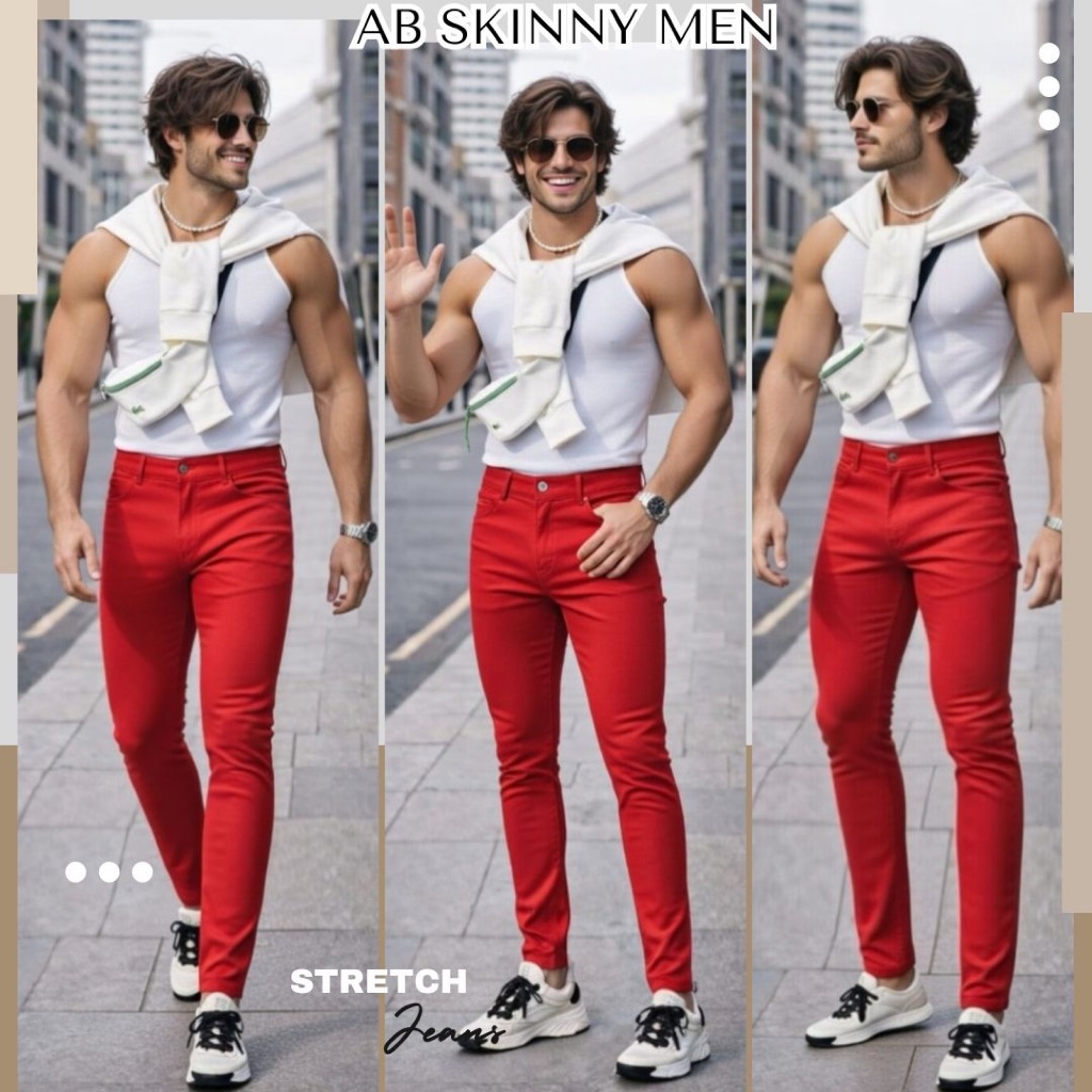 AB Skinny For Men สีแดงสด กางเกงสกินนี่ยีนส์ 16 สี ของแท้ 80,000 Like กางเกง AB สกินนี่ยีนส์ ผู้ชาย