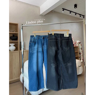 LindaaPlus-- กางเกงยีนส์สาวอวบ ขากระบอกใหญ่พิเศษรุ่น buggy jeans ดีเทลพ่นยับช่วงเอวด้านหน้า