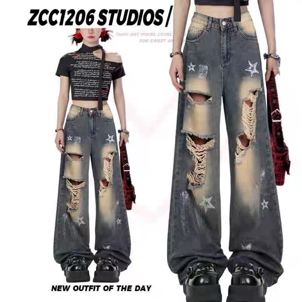✅พร้อมส่ง✅Cyber-Y2K Star Ripped Jeans กางเกงยีนส์Y2K
