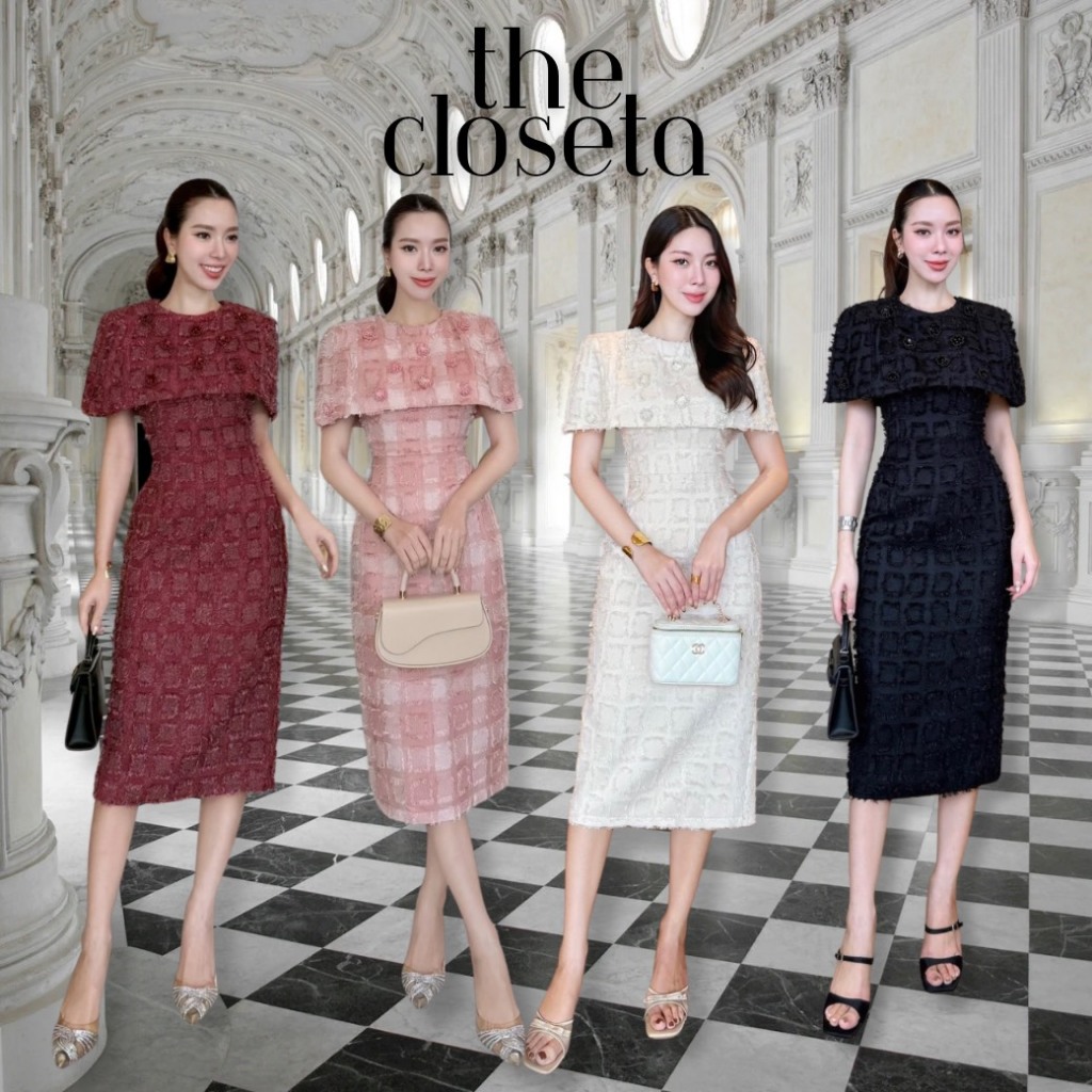 THE CLOSETA : LV228 ชุดเดรสออกงานทรงสอบเสื้อคลุมไหล่แต่งมุกดอกไม้ช่วงอก ผ้ามีเทคเจอร์ในตัว