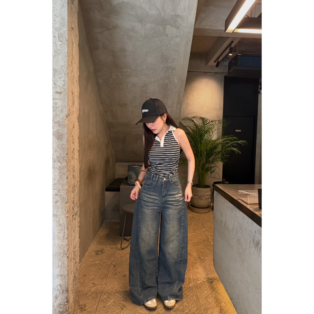 V535 กางเกงยีนส์กระบอกใหญ่ Baggy Jeans สีบลูยีนส์ ผ้ายีนส์ ไม่ยืด
