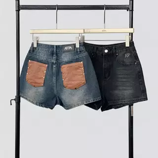Atipashop - Leather Patch Short Jeans (#ATP604) กางเกงยีนส์ขาสั้น ดีเทลกระเป๋าหนัง