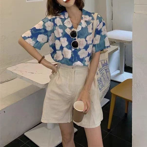 เสื้อฮาวาย S101 ลายดอกขาวฟ้า แขนสั้น ติดกระดุม ชาย-หญิง M-3XL thumbnail 5