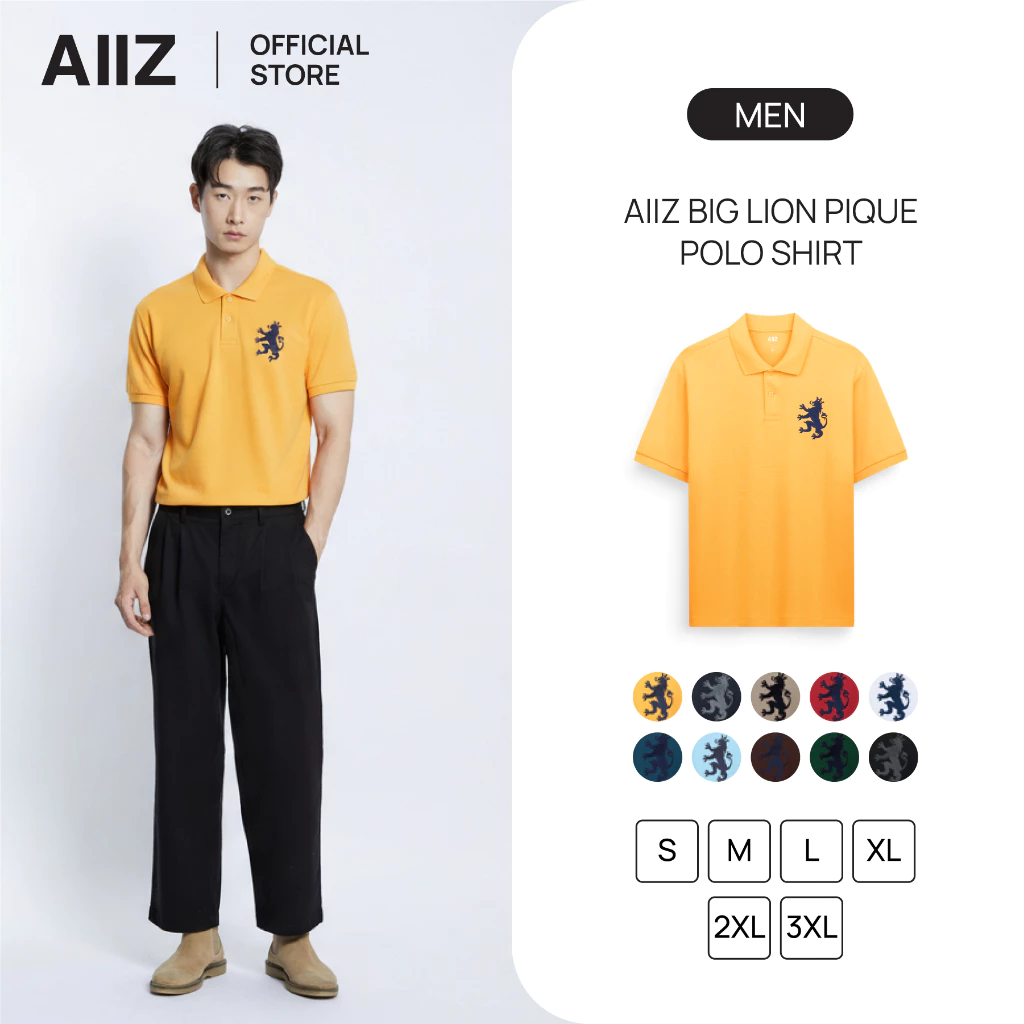 AIIZ เสื้อโปโลผู้ชายผ้าปิเก้โลโก้สิงห์ AIIZ Men's Big Lion Pique Polo Shirt