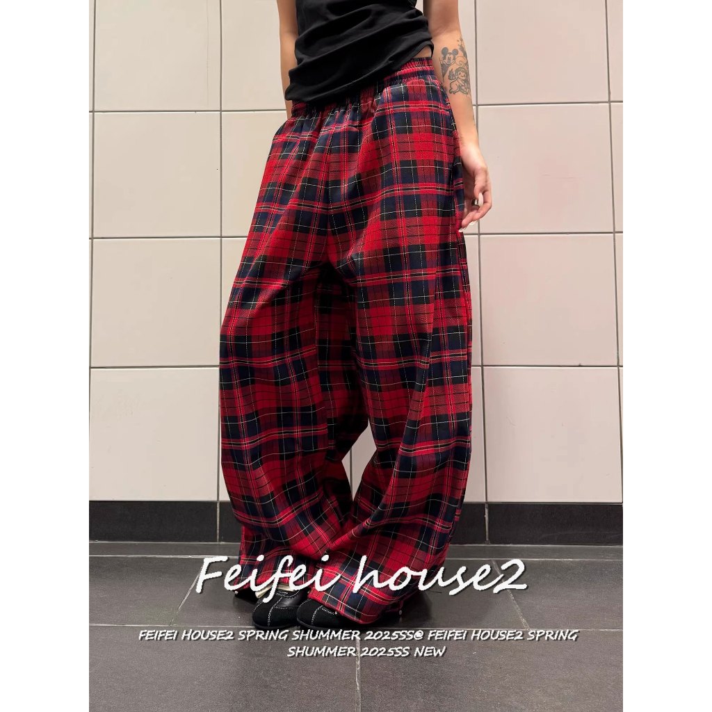 [Color-blocked plaid wide-leg pants]ผู้หญิงสไตล์สตรีทกางเกงขายาวทรงหลวมลายสก็อตตัดกันสำหรับ