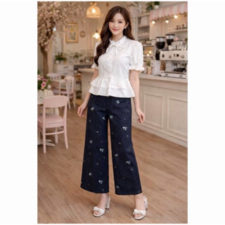 (เล็กกว่าตารางไซส์ 1 นิ้ว เพิ่มไซใส่สบาย) ชุดยีนส์ เสื้อตัวย…