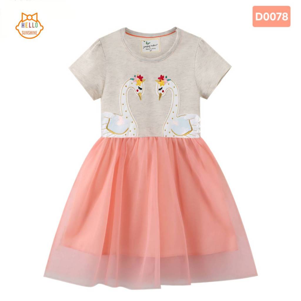 🦢พร้อมส่งจากไทย🦢 ชุดกระโปรงเด็กหญิง Jumping Meters ผ้าคอตตอน100% เดรสสีเทา กระโปรงฟรุ้งฟริ้งสีโอรส ปักลายหงส์คู่