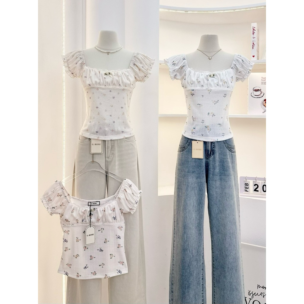 G-Rose เสื้อยืดคอยู แขนตุ๊กตา พิมพ์ลายดอกไม้
