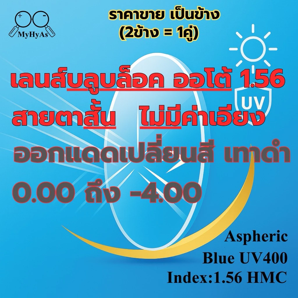 เลนส์ แว่นตา ออกแดดเปลี่ยนสีเทาดำ สำรับตัดแว่น สายตาสั้น รุ่นไม่มีค่าเอียง index1.56 HMC Aspheric BlueUV400 EMI DIA70mm.