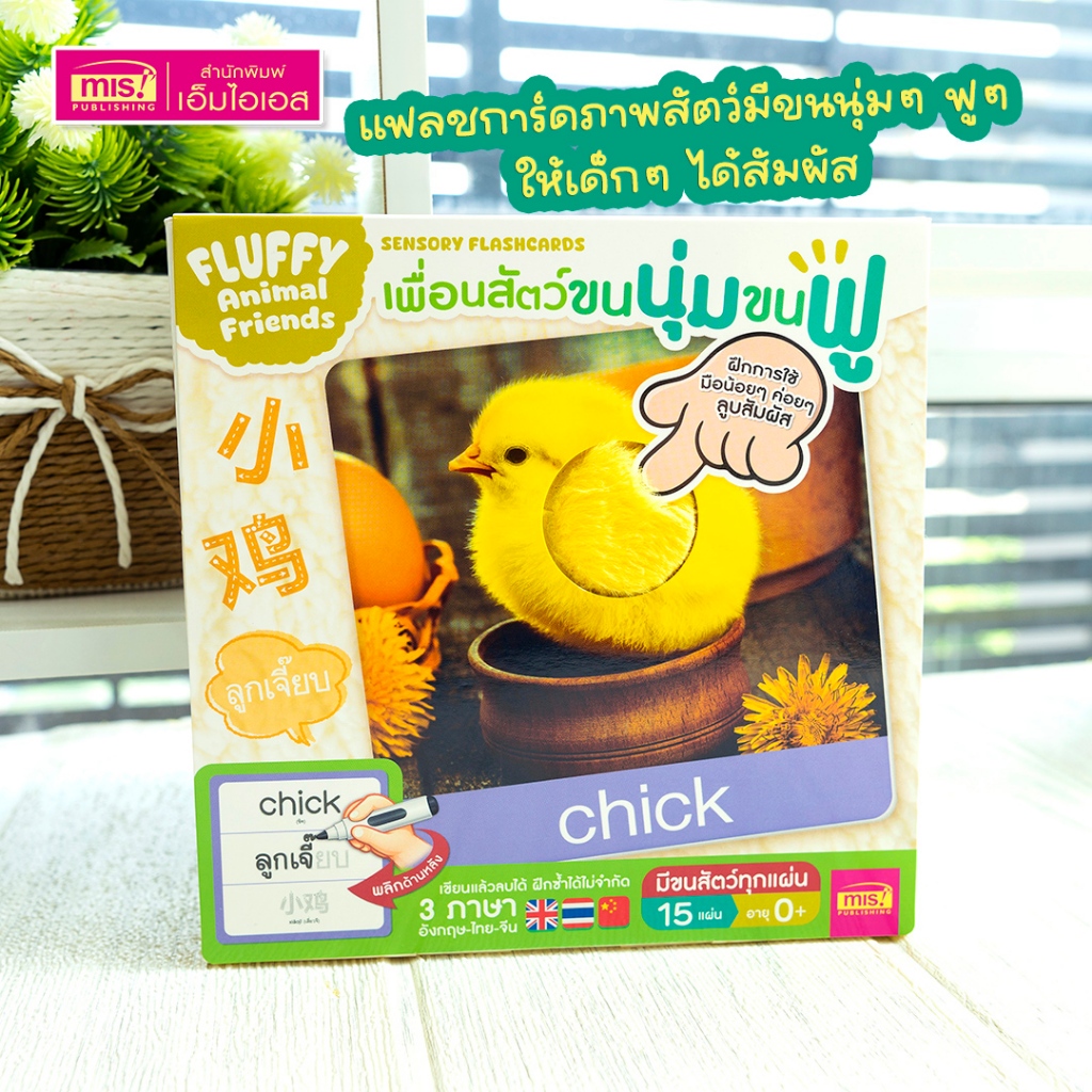 MISBOOK แฟลชการ์ดเพื่อนสัตว์ขนนุ่มขนฟู มีขนสัตว์ทุกแผ่น พร้อมคำศัพท์ 3 ภาษา ฝึกเขียนได้ (15 แผ่น)