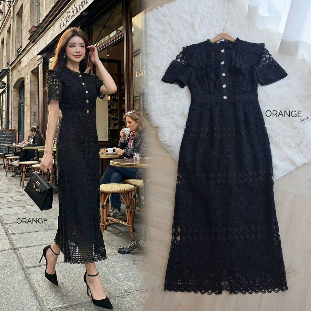 เดรสลูกไม้ดำสวยสง่า!!! S-5XL Maxi Dress เดรสสาวอวบ,เดรสสีดำแขนสั้นทรงสอบผ้าลูุกไม้ งานป้าย Orange Juice