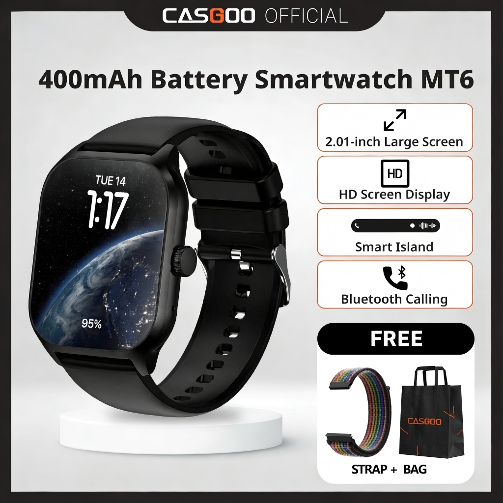 【แบต400mAh】CASGOO MT6 สมาร์ทวอทช์ โทรออกได้ จอ2.01″ ยกขึ้นปลุก บันทึกสุขภาพ รองรับภาษาไทย