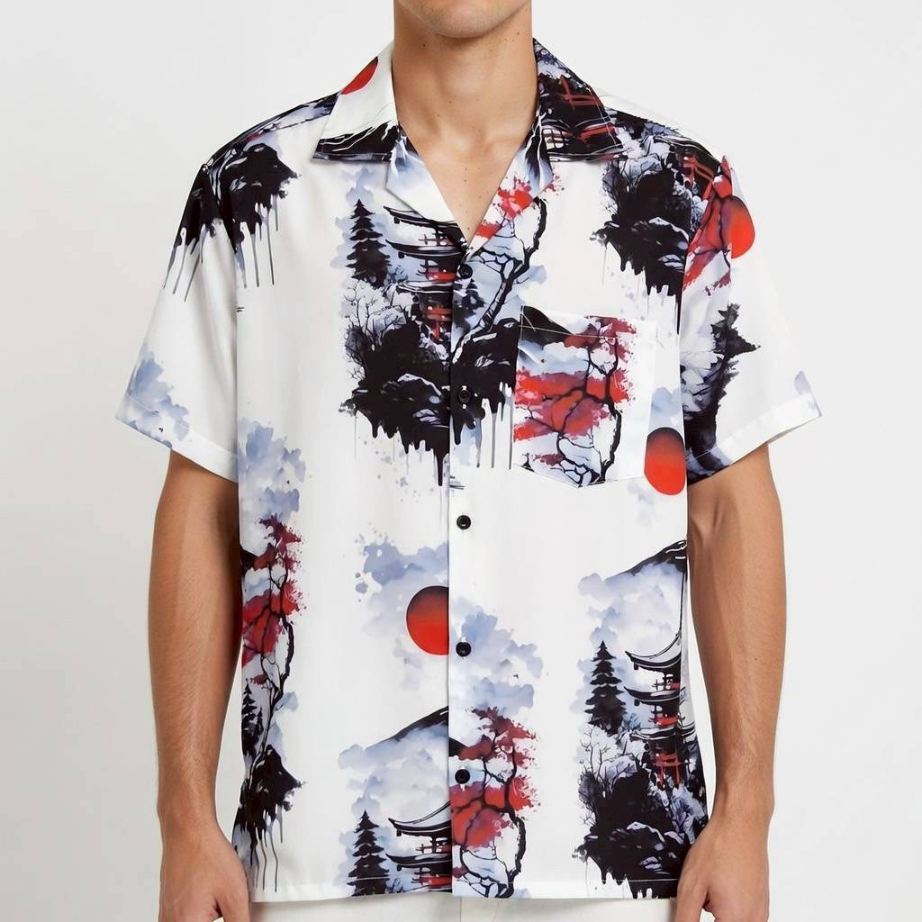 เสื้อเชิ้ตฮาวาย ลายภูเขาไฟญี่ปุ่น (พื้นสีขาว) ผ้าไหมอิตาลี
