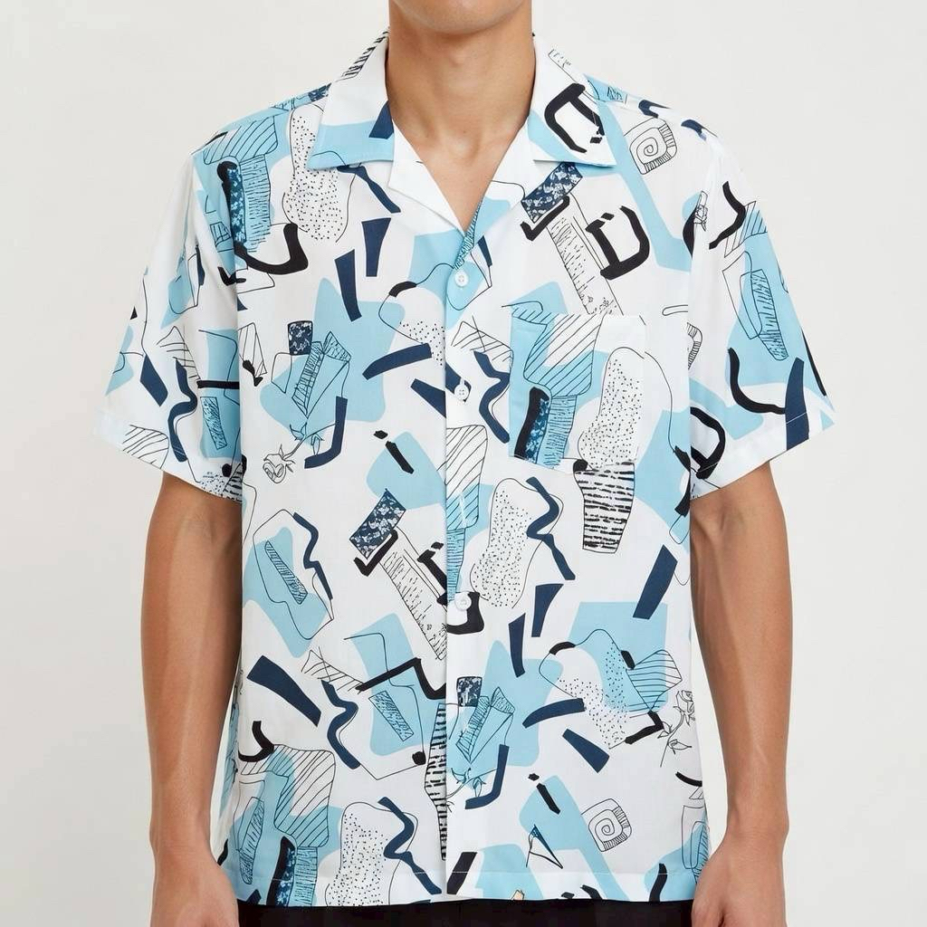 เสื้อเชิ้ตฮาวาย ลายมินิมอลมิ้นท์ (พื้นสีขาว) ผ้าไหมอิตาลี