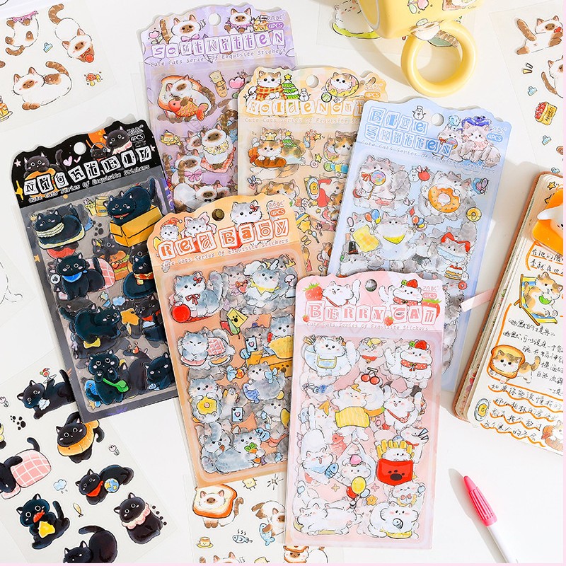 [พร้อมส่ง] DIY สติ๊กเกอร์ 4 PCS/ชุด ลายแมว น่ารัก แมวดำ ขอบใส กันน้ำ Soft Cute Cat Kitten PET Clear Transparent Sticker