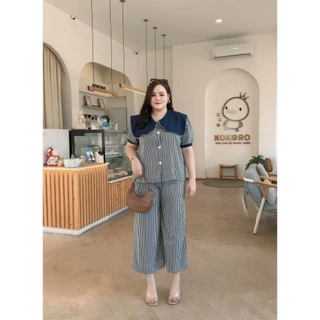 ชุดเซ็ตสาวอวบสาวอ้วน(พลัสไซส์) 2ชิ้น เสื้อลายริ้วแต่งปก & กางเกงลายริ้วขายาว (ความยาวกางเกง38นิ้ว) ผู้หญิง