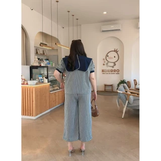 ชุดเซ็ตสาวอวบสาวอ้วน(พลัสไซส์) 2ชิ้น เสื้อลายริ้วแต่งปก & กางเกงลายริ้วขายาว (ความยาวกางเกง38นิ้ว) ผู้หญิง