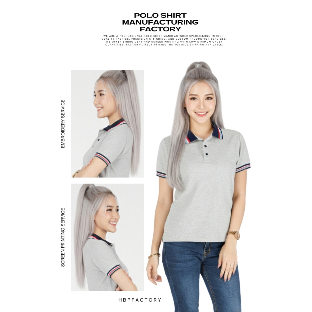 เสื้อโปโลสีเทาท็อป ปกกรม ขลิบเทาอมฟ้า-ขาว-แดง แขนจั้ม ใส่ทำงาน/ยูนิฟอร์ม ทรงสุภาพ