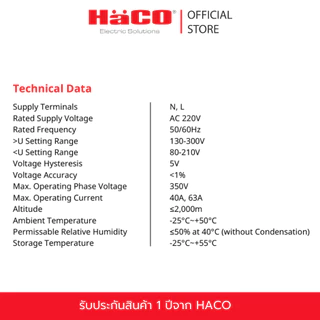 HACO อุปกรณ์ป้องกันแรงดันไฟฟ้าเกิน/ตกอัตโนมัติแบบดิจิทัล 80-300V รุ่น OUN-VOL/40A, OUN-VOL/63A แบบเกาะราง